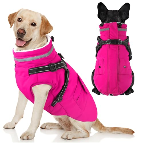 Dog Coat with Harness, Waterproof Warm Dog Winter Jacket with Pockets, Reflective Pet Fleece Jacket Turtleneck Snowsuit for Small Medium Large Dogs - Pink, 3XL - color: Pink, size: XXX-Large(Chest:42.9" Back:26.8" Neck:26.8")