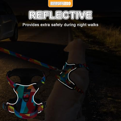 BEAUTYZOO No Pull Dog Harness Medium,Adjustable Dog Harness and Leash Set -Easy Wearing with 3 Buckles/Control Handle,No Choke Soft Padded Reflective Pet Vest for Training Walking Hiking, M - color: Geometry, size: M: chest 16"-28"