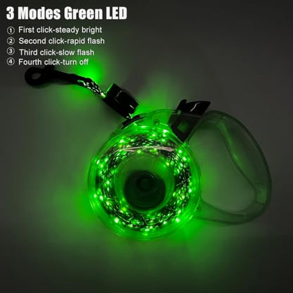 Luwint LED Dog Leash Retractable 8.8ft - Light Up Dog Leashes for Night Walking, USB Rechargeable Waterproof Lighted Leash with 3 Modes Green Light
