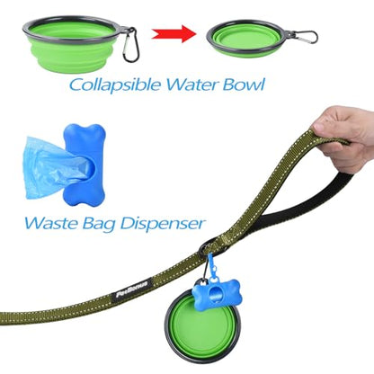 Double Dog Leash, No Tangle Dual Leash, Reflective Walking Training Lead, 4 Comfortable Padded Handles for 2 Dogs with Collapsible Bowl and Waste Bags (Army Green, Large) - color: Army Green