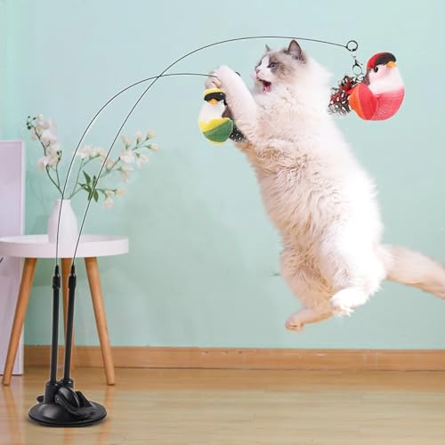 Cat Wand Toy, Suction Cup Interactive Teaser, 2-in-1 Feature with Simulated Chirping Bird for Teething and Foraging, Cat Play Wand with Engaging Design, Teaser Toy for Calming and Training