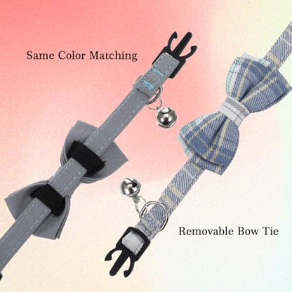 2 PCS Cat Collar with Bow Breakaway Bowtie Safety with Bell Cat Bow Tie Collar Cute Boy Kitten Collars Plaid Pet Collars Adjustable Safety Quick Release Cats for Kitten Cats (Blue)