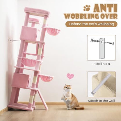 SHA CERLIN 81in Multi-Level Tall Cat Tree Tower for Indoor Kitties/Larger Cat Condo Furniture with Hammock/Cozy Pussycat Perches/Sisal Scratching Posts/Pet House/Wide Base/Pink - color: Pink
