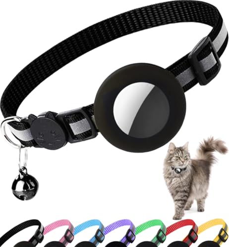 Airtag Cat Collar Breakaway, Reflective Kitten Collar with Apple Air Tag Holder and Bell for Girl Boy Cats, 0.4 Inches in Width and Lightweight(Black) - color: Black