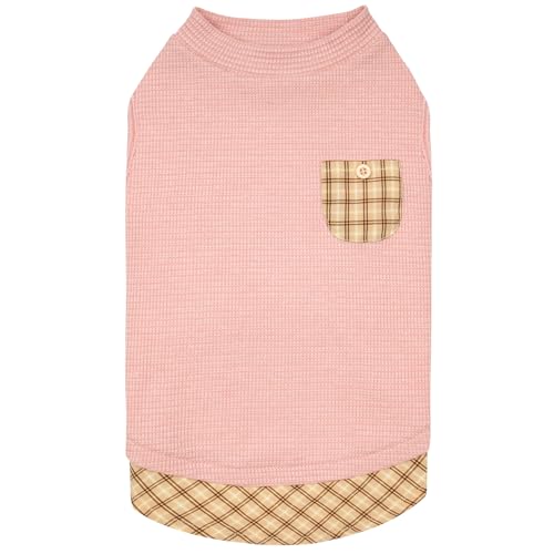 KYEESE Waffle Dog Shirts for Small Dogs Soft Lightweight T-Shirts Sleeveless Vest Stretchy Puppy Tee with Decorative Pocket and Stylish Plaid Patchwork, X-Large - color: 5#Pink, size: X-Large (19-27lbs)
