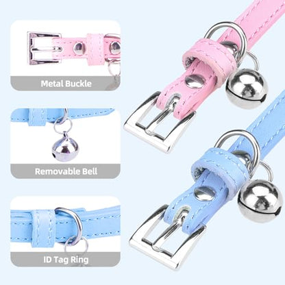 PUPTECK 2 PCS Soft Genuine Leather Cat Kitten Collar with Bells Adjustable for Girl Boy Cats Puppy - Pink, Blue - color: Pink&Blue