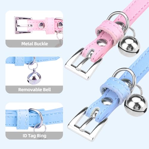 PUPTECK 2 PCS Soft Genuine Leather Cat Kitten Collar with Bells Adjustable for Girl Boy Cats Puppy - Pink, Blue - color: Pink&Blue
