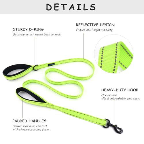 Wagtime Club Double Handle Dog Leash, 6ft Long Heavy Duty Dog Leash with Paded Traffic Handles for Extral Control and Training, Dual Handles Leads, Large Medium Small Dogs (Reflective Neon Green) - color: Reflective Neon Gren