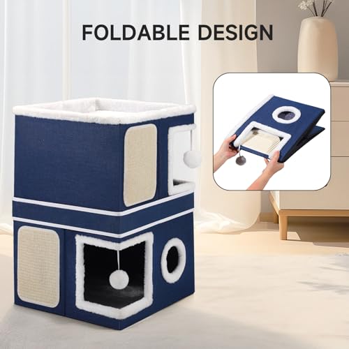 Shikha 2-Storey Cat Houses for Indoor Cats, Dual-Purpose Double Large Cat Beds Cave with Hideaway Condos, Scratch Pads, Fluffy Balls, Foldable Indoor Cat Cube House for Multi Small Pets Kitten, Blue - style: Blue