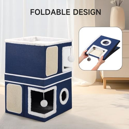 Shikha 2-Storey Cat Houses for Indoor Cats, Dual-Purpose Double Large Cat Beds Cave with Hideaway Condos, Scratch Pads, Fluffy Balls, Foldable Indoor Cat Cube House for Multi Small Pets Kitten, Blue - style: Blue