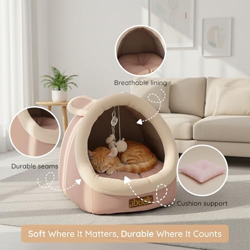 Cat Bed Cave with Hanging Plush – Covered Pet House Tent, Cat Caves for Indoor Cats and Kittens, Soft, Foldable & Cozy Hideaway Hut - Dome Shaped Igloo Bed with Washable Cushion (Medium) - size: Medium