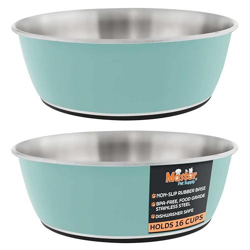 Master Pet Supply Stainless Steel Dog Bowls Set of 2 (128 Oz Each) with Non-Slip Rubber Base - Aqua Sky - Basic Dog Food Bowl Water & Food Bowls for Small Medium Large Dogs & Cats, Metal Dish - color: Aqua Sky, size: 16 Cups (128 oz) 2 Pack