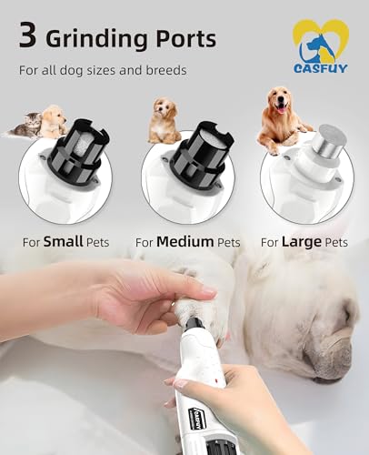 Casfuy Dog Nail Grinder Quiet - (45db) 6-Speed Pet Nail Grinder with 2 LED Lights for Large Medium Small Puppy Dogs/Cats, Professional 3 Ports Rechargeable Electric Dog Nail Trimmer with Dust Cap - color: White