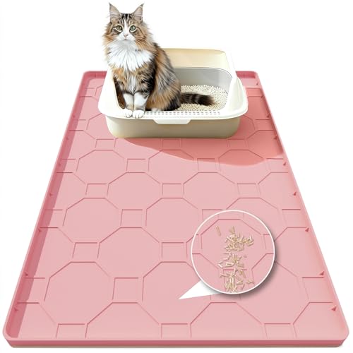 Silicone Cat Litter Mat, 34“ x 22” Waterproof Cat Litter Mats for Floors, Raised Edges Prevent Leaks and Make Cleaning Easy (Pink) - color: Pink, size: 34" X 22"