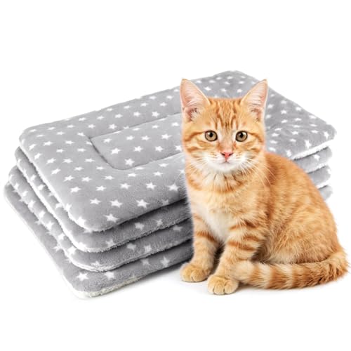 4 Pack Cat Bed Mat, 22" x 15" Soft Fluffy Flannel Small Pet Blanket, Washable Sleeping Pad for Indoor Cats, Kittens, Puppies, Star Print - Grey - color: Gray, size: 22x15 Inch
