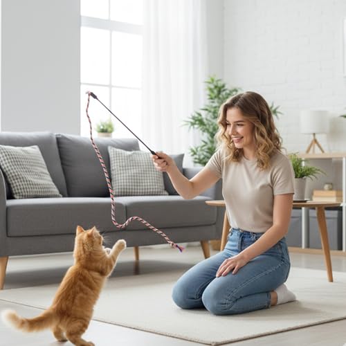 Cat Wand Toys for Indoor Cats, 3 Pack cat String Rope Toy Set, Colorful Interactive Teaser Wand with Rope Stick, Interactive Teaser Toys for Kittens and Adult Cats