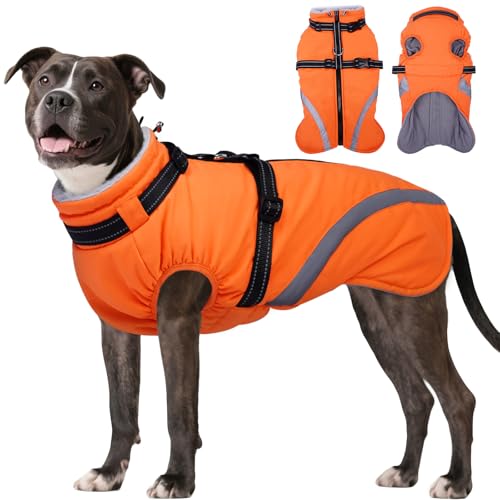 BRKURLEG Dog Winter Jackets for Medium Dogs, Dog Coat with Harness Built in, Dogs Snowsuits with Zipper, Waterproof Windproof Pet Puffer Jacket Fleece Vest for Pug, French Bulldog, Orange M - color: orange, size: Medium