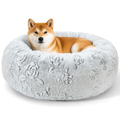 Dog Calming Beds for Small Medium Large Dogs - Round Donut Washable Puppy Dog Bed, Anti-Slip Faux Fur Fluffy Donut Cuddle Anxiety Cat Pet Bed (28" Rose) - color: Rose, size: 28"L x 28"W x 8"Th