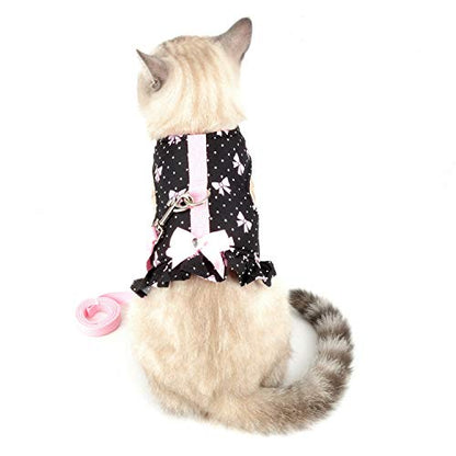 Zunea No Pull Small Dog Girl Harness Dress Escape Proof Cat Kitten Vest Harness Leash Set Step-in Soft Cotton Padded Polka Dot Jacket Chihuahua Puppy Clothes with Cute Bow for Walking Black M - color: black bows, size: M (Chest:16.9-17.7", Neck:10.6-11.4"