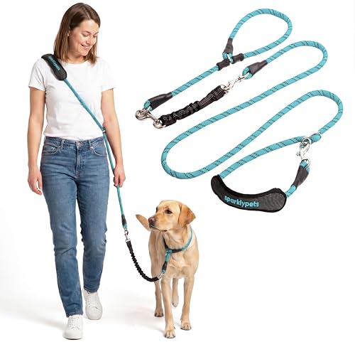 SparklyPets - Bungee Rope Handsfree Leash for 1 Dog - Demovable Slip Lead - Waist or Hip Belt Leash for Dog Walking, Running, Carnicross - Medium & Large Breeds - color: Teal