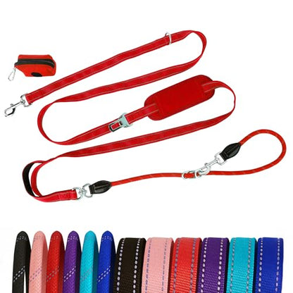 10FT Hands Free Dog Leash for Small Medium Large Dogs, Heavy Duty Reflective Dog Leash with Traffic Handle, Seat Belt Buckle & Poop Bag Holder (Red) - color: Red, size: 10FT