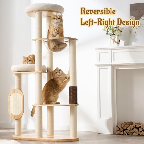 Modern Solid Wood Cat Tree for Indoor Cats Up to 15lbs, 60" Tall & Wide Cat Tower with Scratching Posts, Scratcher & Self-Grooming, Large Cat Beds, Capsule Nest, Multi-Level Cat Furniture - color: 60"Natural
