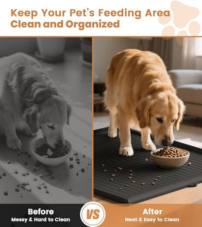Dog Food Mat 36"x24", Waterproof Pet Feeding Mat with Diversion Grooves and Raised Edges, Large Non-Slip Dog Bowl Mat for Food and Water, Cat Food Mat for Floors, Easy to Clean, Black - color: Black