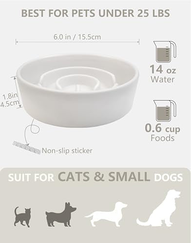 Ceramic Slow Feeder Dog Bowls, 0.6 Cup Slow Feeder for Small Dogs, Puzzle Maze Bowl, Prevents Choking, 6in, White - color: White, size: 6 Inches