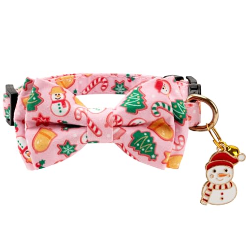 2 Pack Cotton Cat Collar with Bow Tie and Bell for Girl Boy Cats,Cute Pink Flamingo and Blue Whale Pattern Spring Summer Breakaway Cat Collar for Male Female Cats (Santa Claus & Snowman) - color: Santa Claus & Snowman