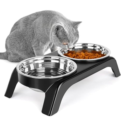 Elevated Cat Bowls - Anti-Vomiting Raised Food Bowl Set With 2 Stainless Steel Bowls, Prevents Neck Pain, ABS Anti-Slip Stand for Indoor Cats & Puppies (Black) - color: Black