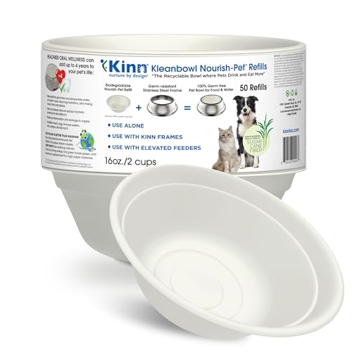 Kinn Kleanbowl Disposable Dog Food Bowls, 16 oz (Pack of 50) - Frame System Refills, Use for Travel, Boarding, or Crate, Compostable Pet Travel Bowl, No Plastic, Leakproof, Portable Dog Dish - color: Refills (50 pack), size: 16 oz (2 cups)