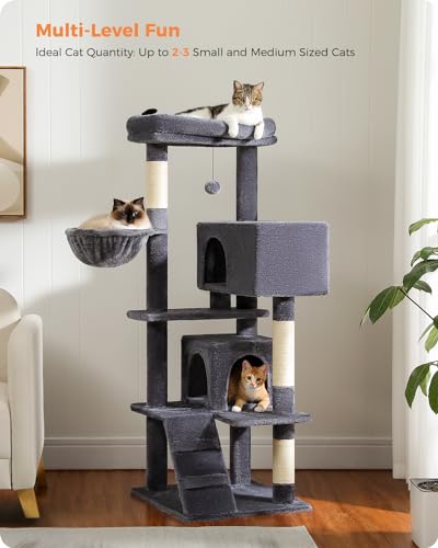 MUTTROS Cat Tree for Large Cats Adult with Super Large Top Perch, 56.3" Tower with Plush Hammock, Shelves and Dangling Pompom, Scratching Posts and 2 Condos House, Dark Gray - color: Dark Gray, size: 56.3inch