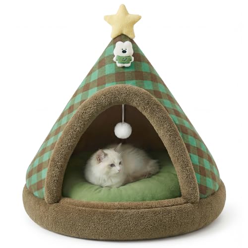 Jiupety Cat Tents for Indoor Cats,Cat House with Removable Washable Cushioned,2-in-1 Cat Cave Tent with Anti-Slip Bottom Ultra-Soft Pet Tent for Cats and Small Dogs,Green 23.6In - size: Large