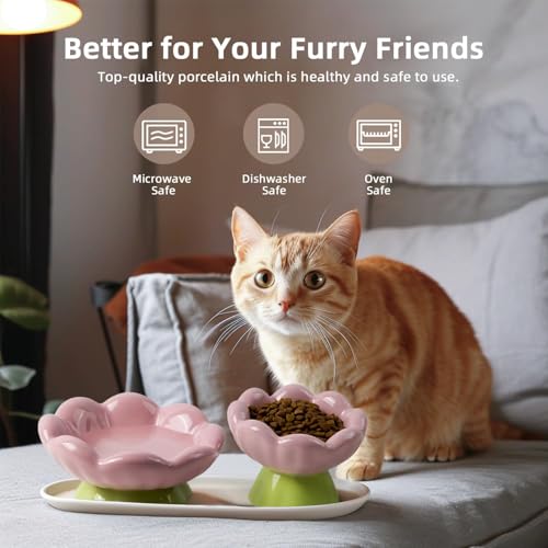 DIF DECO Ceramic Raised Cat Bowl, Pink Elevated Food Bowls for Food and Water Protecting Spine and Whisker Friendly,Tulip Shape Cute Pet Feeder Dish for Indoor Cats and Small Dogs(Height 3.3 inch) - size: Height 3.3 inch