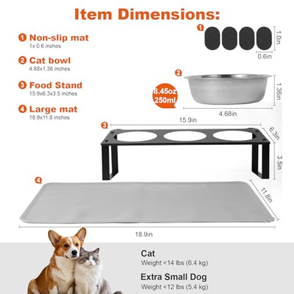 Elevated Cat Bowls with Food Mat, 10°Tilted Non-Slip Raised Cat Food Water Bowls Set, 3 Thick Stainless Steel Pets Dishes with Cute Metal Feeding Stand for Indoor Kitten Puppy, Anti-Vomiting - color: Black-3Bowls