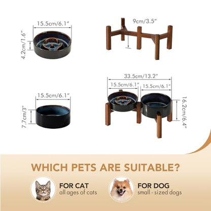 Havniva 0.9 Cup Elevated Slow Feeder Dog Bowls, 6.1” Dog Slow Feeding Bowls + 6.1” Ceramic Dog Water Bowls Set with Acacia Wood Stand, Dog Food Bowls Puzzle Feeder for Small Dogs Non-Slip Anti-choking - color: 2 x Starry Sky + Stand - A, size: S- 6.1inch