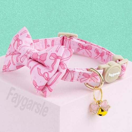 Faygarsle 2 Pack Pink Bow Pattern Cat Collar Set with Bandana and Bowtie, Breakaway Safety Collar with Bell Spring Summer Design for Girl Cats - color: Pink Bow