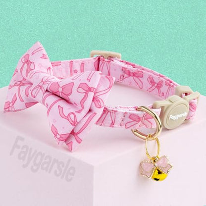 Faygarsle 2 Pack Pink Bow Pattern Cat Collar Set with Bandana and Bowtie, Breakaway Safety Collar with Bell Spring Summer Design for Girl Cats - color: Pink Bow