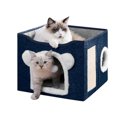 Cat House for Indoor Cats, Large Cat Bed Cave with Scratch Pad and Fluffy Ball, Foldable Cat Hideaway Condo, Kitten Bed, 16x16x13inch (Blue, Large) - color: Blue