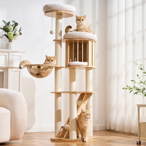 Modern Cat Tree Tower with Scratching Post, 61.5in Tall Cat Tree for Indoor Cats, Multi-Level Solid Wood Cat Furniture with Ladder, Cozy Cat Beds, Cat Condo, Capsule Nest, Dangling Toy, Natural - color: 61.5"Natural
