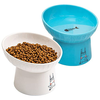 6.5 Inch Extra Wide Ceramic Raised Cat Bowls, Porcelain Tilted Elevated Cat Food Water Bowl Dish, Stress Free Pet Feeder Bowls Dishes for Elder Big Cats & Small Dogs, White & Blue - color: White & Blue