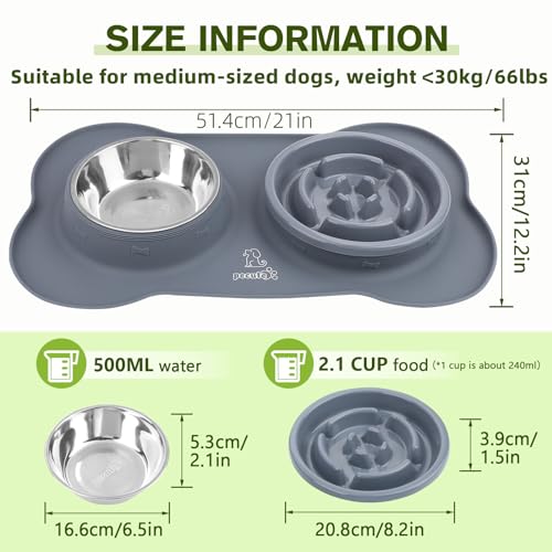 Pecute Slow Feeder Dog Bowls to Slow Down Eating, Dog Bowl Slow Feeder with No-Spill Non-Skid Silicone Mat, Food-Grade Safe Dog Food Bowls Slow Feeder, Stainless Steel Dog Water Bowl for Dogs Cats - size: Large-2 Cup/17 oz each