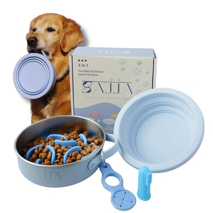 Blue Slow Feeder Travel Dog Bowl Set | 30oz Stainless Steel + 20oz Collapsible Silicone Dish | Water Bottle Holder| Non-Slip, Anti-Choking, BPA-Free | We Give Back - color: Slow feeder Blue Bowl