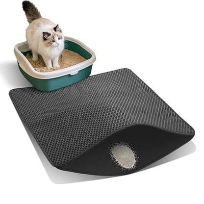 Cat Litter Mat for Indoor Cats Eva Double-Layer Litter Box Mat Washable for Easy Cleaning Cat Rug Collects Litter and Prevents Liquid Leakage (Black, 23.6×15.7inch) - color: Black-23.6×15.7inch