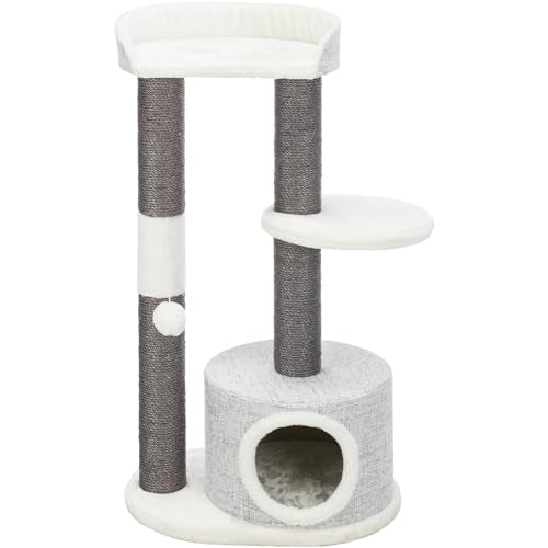 TRIXIE Pilar Cat Scratching Post 39.4 Inch - with Durable Sisal Rope (Gray) and Condo, Two Platforms, Top Platform with Backrest & Dangling Cat Toy - in Gray - color: Pilar