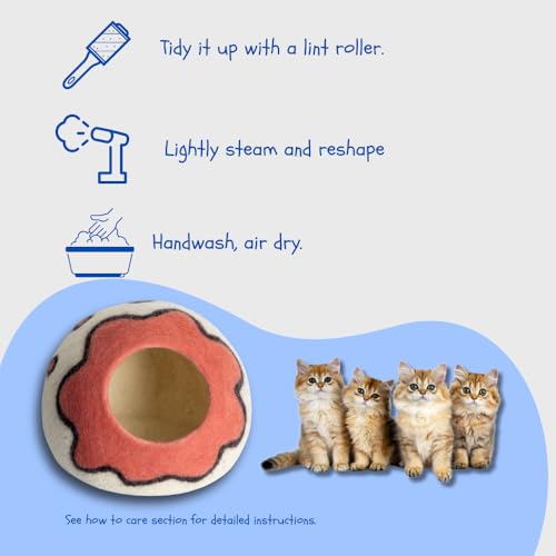Premium Merino Wool Cat Cave Bed. Foldable, Eco-Friendly, Handmade Felt Kitten Bed and Covered Cat House (43x43cm). Hideaway Pod for Cats. Easy to Clean and Maintain. for Small to Medium cat. Pink - color: Pink