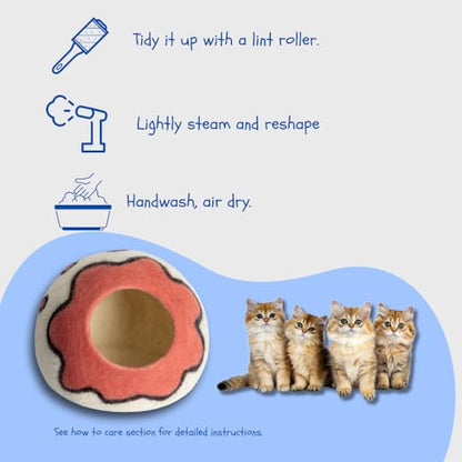 Premium Merino Wool Cat Cave Bed. Foldable, Eco-Friendly, Handmade Felt Kitten Bed and Covered Cat House (43x43cm). Hideaway Pod for Cats. Easy to Clean and Maintain. for Small to Medium cat. Pink - color: Pink