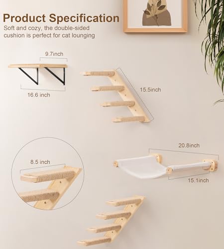 Cat Stairs Hammock Set of 3 – Cat Wall Shelves with 1 Floating Fabric Hammock, 2 Wall Ladders with 4 Steps Each - color: 3 in 1 Hammock
