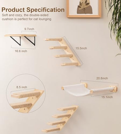 Cat Stairs Hammock Set of 3 – Cat Wall Shelves with 1 Floating Fabric Hammock, 2 Wall Ladders with 4 Steps Each - color: 3 in 1 Hammock