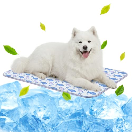 NWK Pack of 4 Pet Cooling Mat for Large Dogs -Q-Max>0.345 Ice Silk Cooling Mat for Dogs & Cats Portable & Washable Pet Cooling Blanket for Summer (4pcs, Purple Fish, 39'' X 27'' X 0.3'') - color: Purple Fish, size: Large (39'' X 27'' X 0.3'')